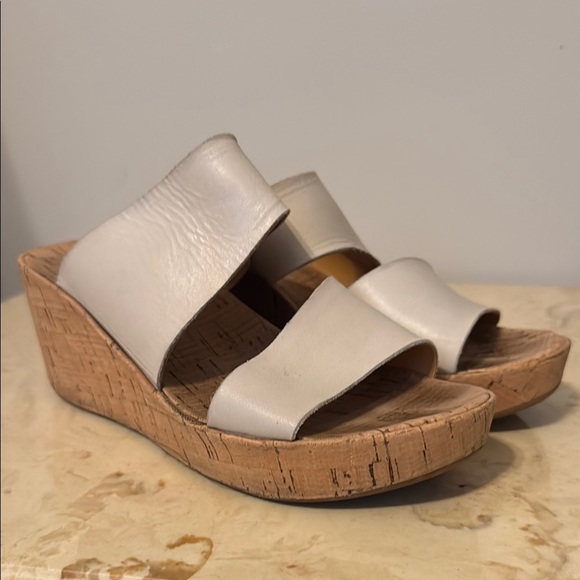 Cream and Brown Wedge Sandals with Textured Straps - Picture 1 of 5